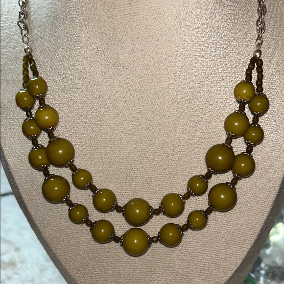 Olive Green Geometric Bead Necklace with Double-Row Design - Picture 2 of 5